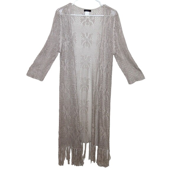 Vivid Importers of NY Crochet Beige Long Sleeve Fringe Pool Beach Coverup Medium - Picture 1 of 6
